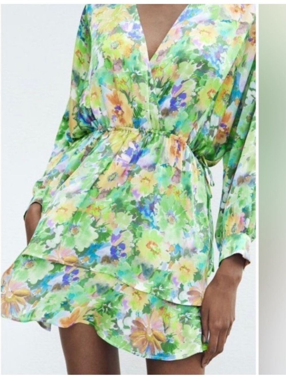 Zara Green Floral Wrap Mini Dress Tie Waist Small NWT